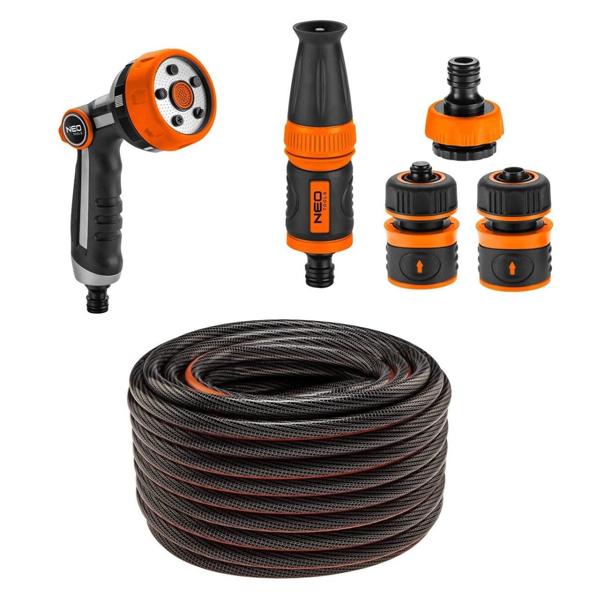 Furtun de gradina, antirasucire, 6 straturi, 50 m, cu pistol stropit si 4 accesorii, 1/2", NEO Furtun de gradina, antirasucire, 6 straturi, 50 m, cu pistol stropit si 4 accesorii, 1/2", NEO