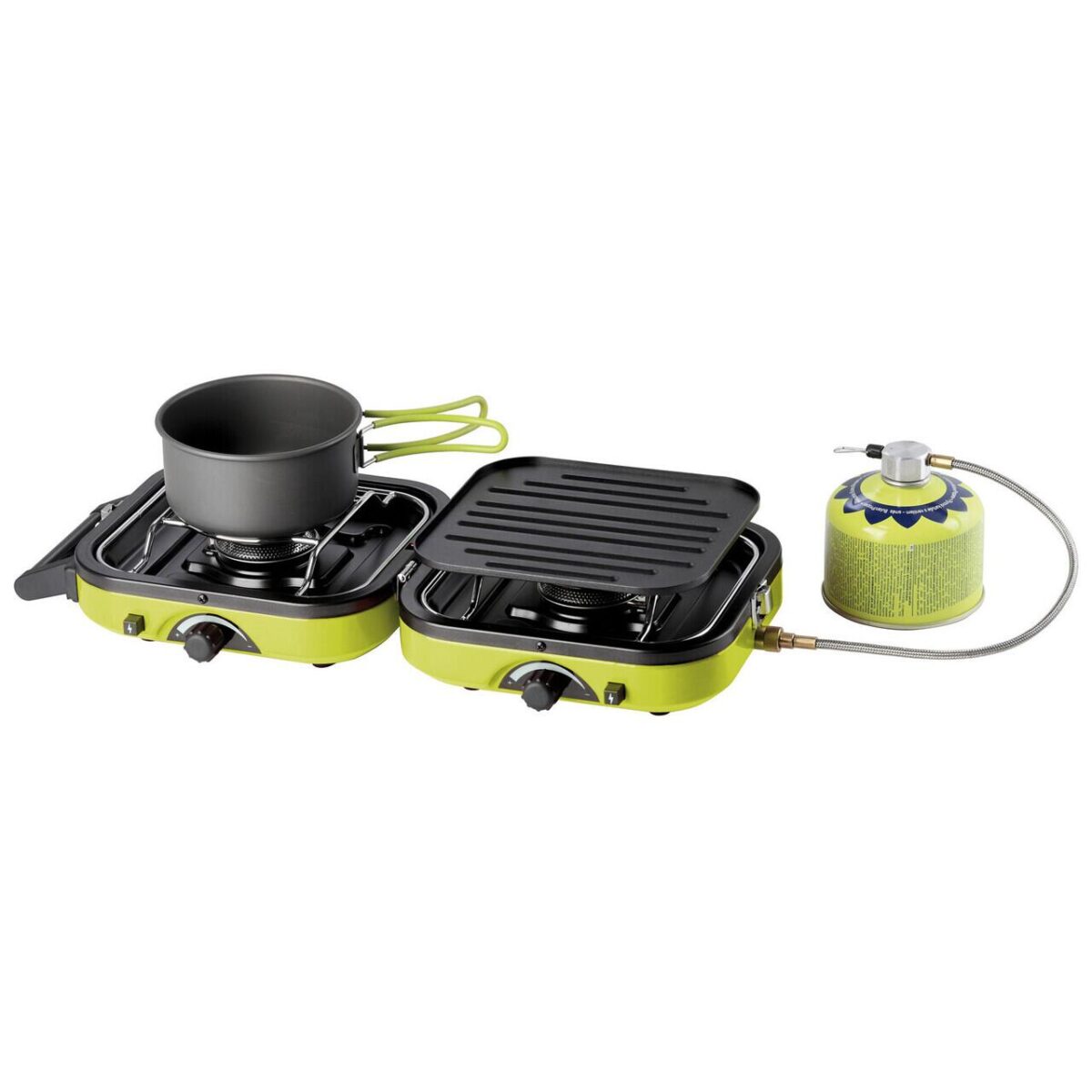 Aragaz camping, portabil, Meva, 2 in 1, doua arzatoare, cu plita, pentru doza de gaz de 230/450 g