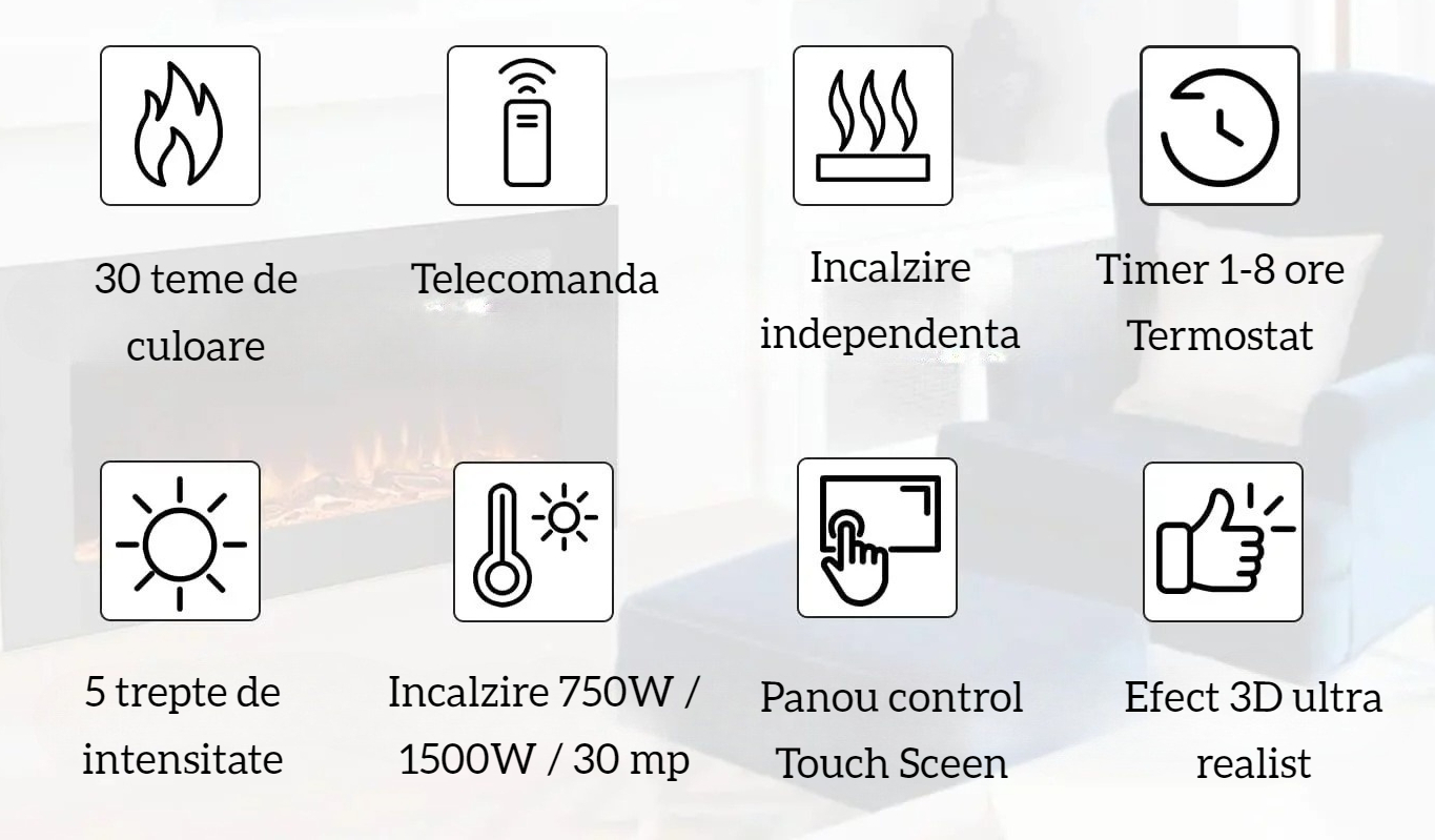 Semineu Electric incorporabil sau de perete 3D Dalas Prestige, 30 de combinatii de culori, 93 x 48 cm, Incalzire, Termostat, Telecomanda, Timer, 1500W