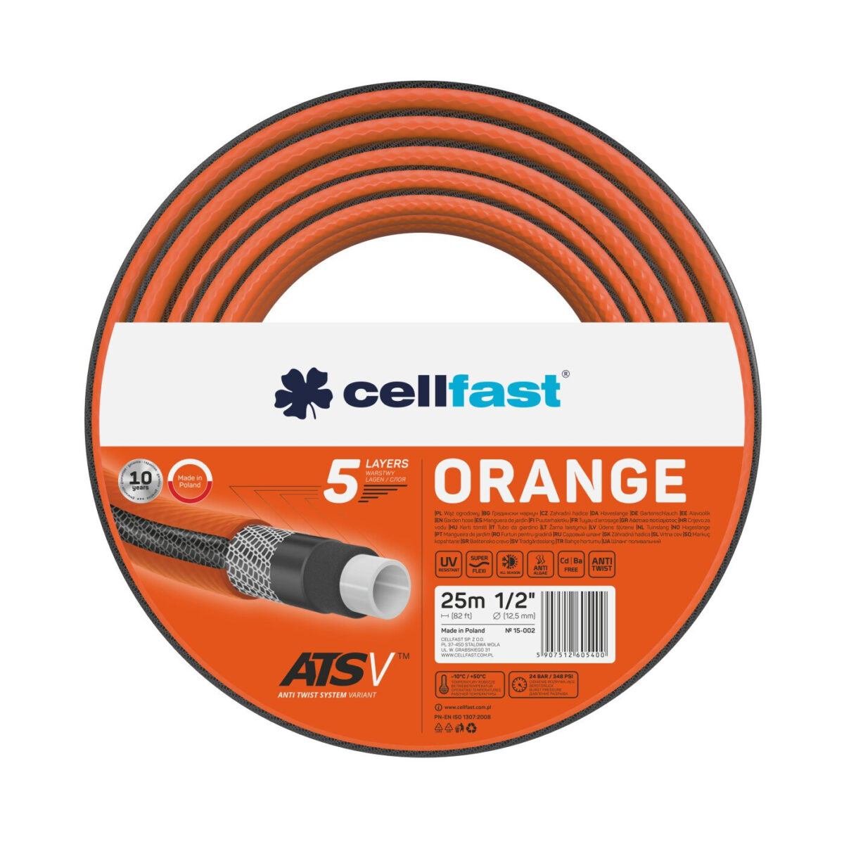 Furtun pentru gradina Cellfast ORANGE cu 5 straturi, 1 2  , Armat, 25m, protectie UV, antirasucire - imagine 1