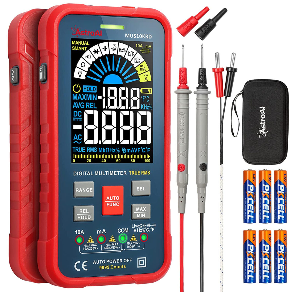 Multimetru digital AstroAI MUS10KRD, 10000 Counts, Smart Auto, TRMS Auto-Ranging, Display Color, Masurare continuitate, Temperatura,  Geanta transport - imagine 1