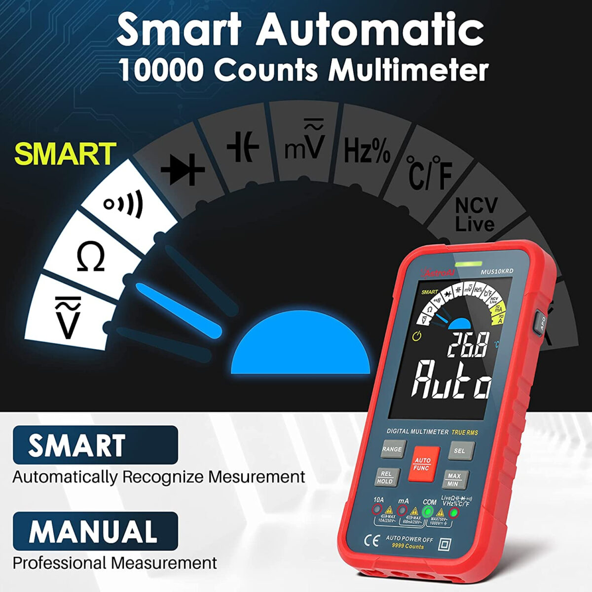 Multimetru digital AstroAI MUS10KRD, 10000 Counts, Smart Auto, TRMS Auto-Ranging, Display Color, Masurare continuitate, Temperatura,  Geanta transport - imagine 3