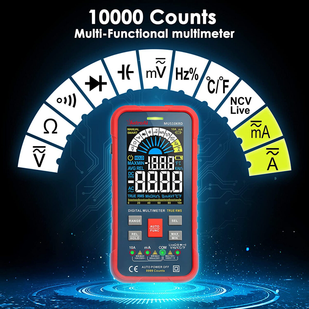Multimetru digital AstroAI MUS10KRD, 10000 Counts, Smart Auto, TRMS Auto-Ranging, Display Color, Masurare continuitate, Temperatura,  Geanta transport - imagine 4