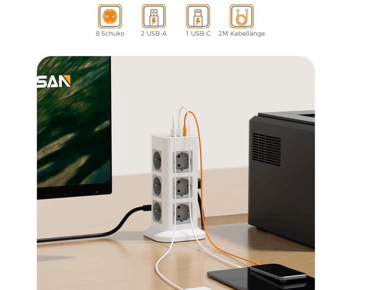 Prelungitor tip Turn Tessan TPS04-DE, 12 prize, 3 USB, 1 USB-C, 3A, cablu 2m - imagine 2