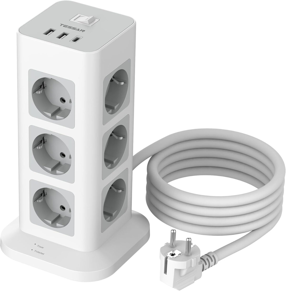 Prelungitor tip Turn Tessan TPS04-DE, 12 prize, 3 USB, 1 USB-C, 3A, cablu 2m - imagine 1