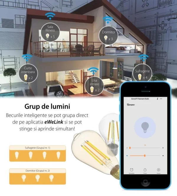 Bec Smart cu Filament Vintage Sonoff B02-F-A60, 7W, 806 LM, E27, Dimmer, Control aplicatie, compatibil  Amazon Alexa si Google Assistant - imagine 8