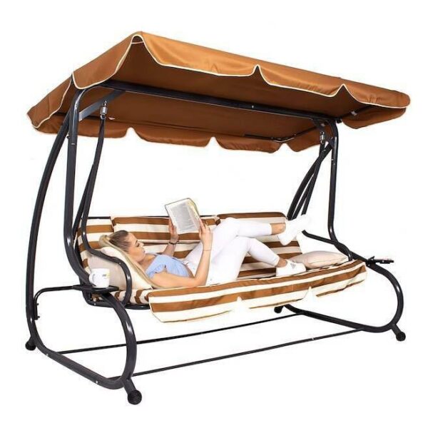 Balansoar gradina, Springos, 4 locuri, maro, crem, 230x130x162 cm, functie pat, max 300 kg - imagine 5
