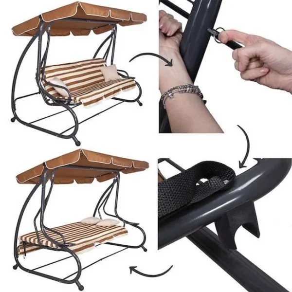 Balansoar gradina, Springos, 4 locuri, maro, crem, 230x130x162 cm, functie pat, max 300 kg - imagine 9