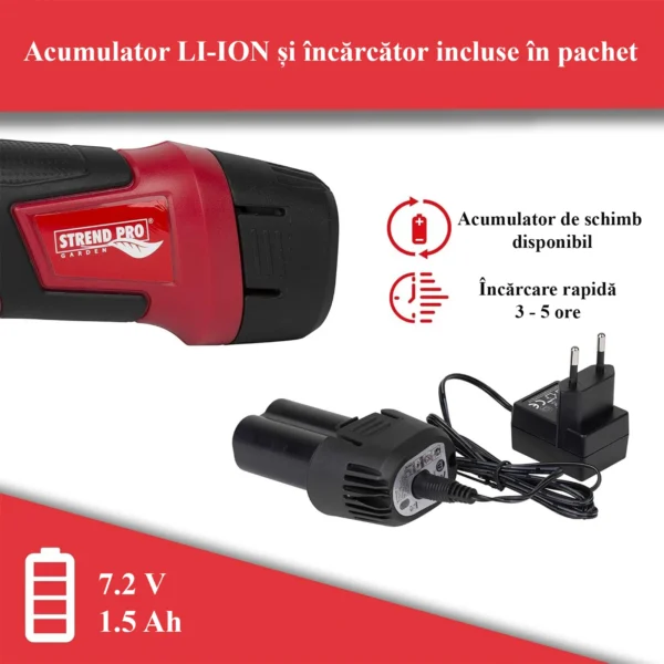 Foarfeca electrica de gradina, cu acumulator 1.5 Ah, incarcator 7.2 V, maner telescopic, Strend Pro - imagine 11