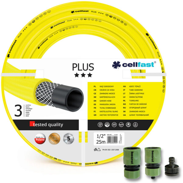 Furtun de gradina, 3 straturi, + cadou 2 cuple, 1 adaptor, 1/2", 25 m, Cellfast Plus - imagine 1