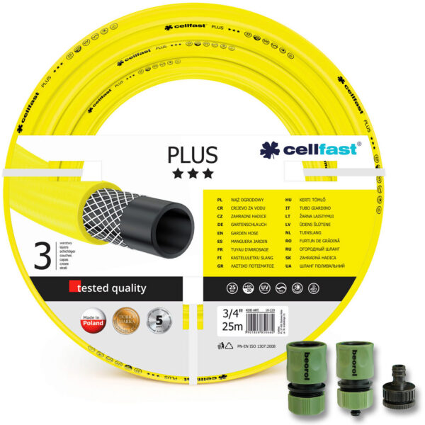Furtun de gradina, 3 straturi, + cadou 2 cuple, 1 adaptor, 3/4", 25 m, Cellfast Plus - imagine 1