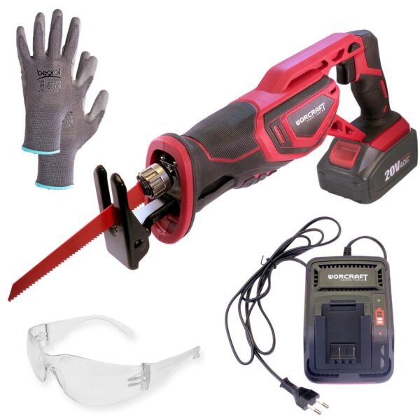 Fierastrau tip sabie, cu acumulator, 20 V, 4.0 Ah-Li ion, incarcator + cadou ochelari, manusi, WORCRAFT - imagine 1