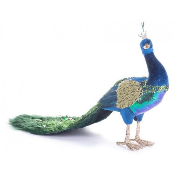 Decoratiune Craciun, paun cu puf, albastru si verde, 52x20x33 cm - imagine 1