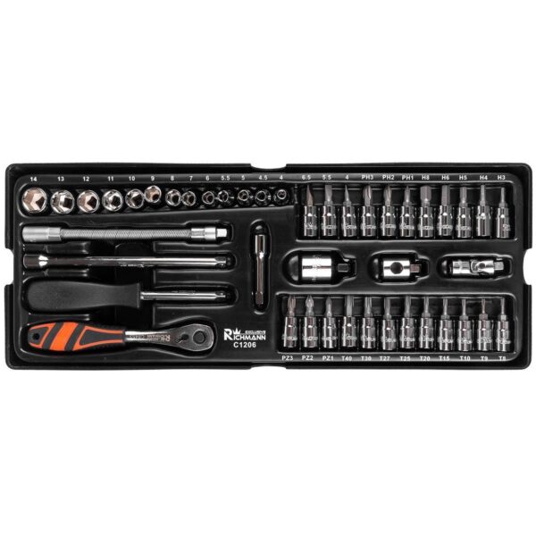 Set capete diverse cu cheie, sertar TIP A (385x150 mm) pentru dulap mobil, 1/4", 4-14 mm, 44 elemente, RICHMANN EXCLUSIVE - imagine 1