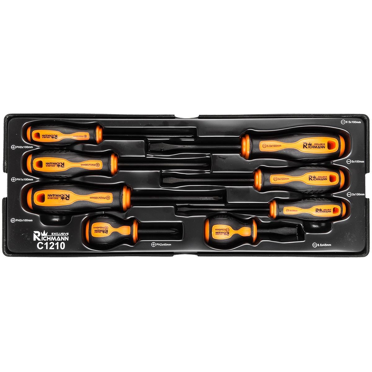 11764932_big.jpg Set surubelnite late si cruce, sertar TIP A (385x150 mm) pentru dulap mobil, PH0-2, 3-6 mm, 45-100 mm, 8 buc, RICHMANN EXCLUSIVE - imagine 1
