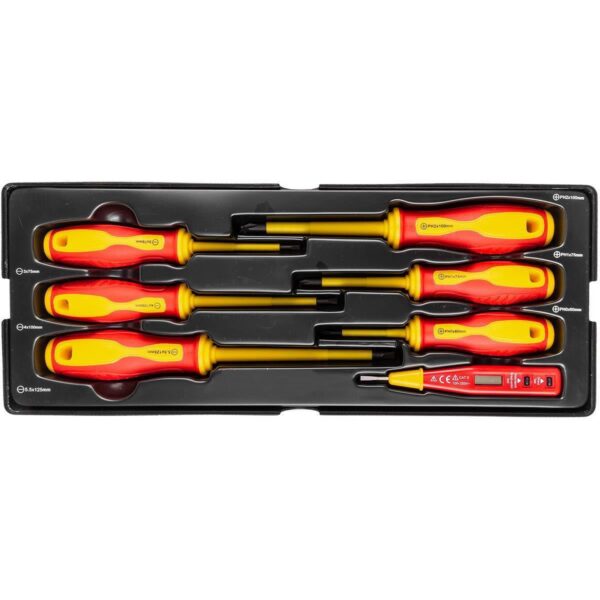 11764933_big.jpg Set surubelnite izolate, late si cruce, cu creion de faza, sertar TIP A (385x150 mm) pentru dulap mobil, PH0-2, 3-5.5 mm, 60-125 mm, 7 elemente, RICHMANN EXCLUSIVE - imagine 1