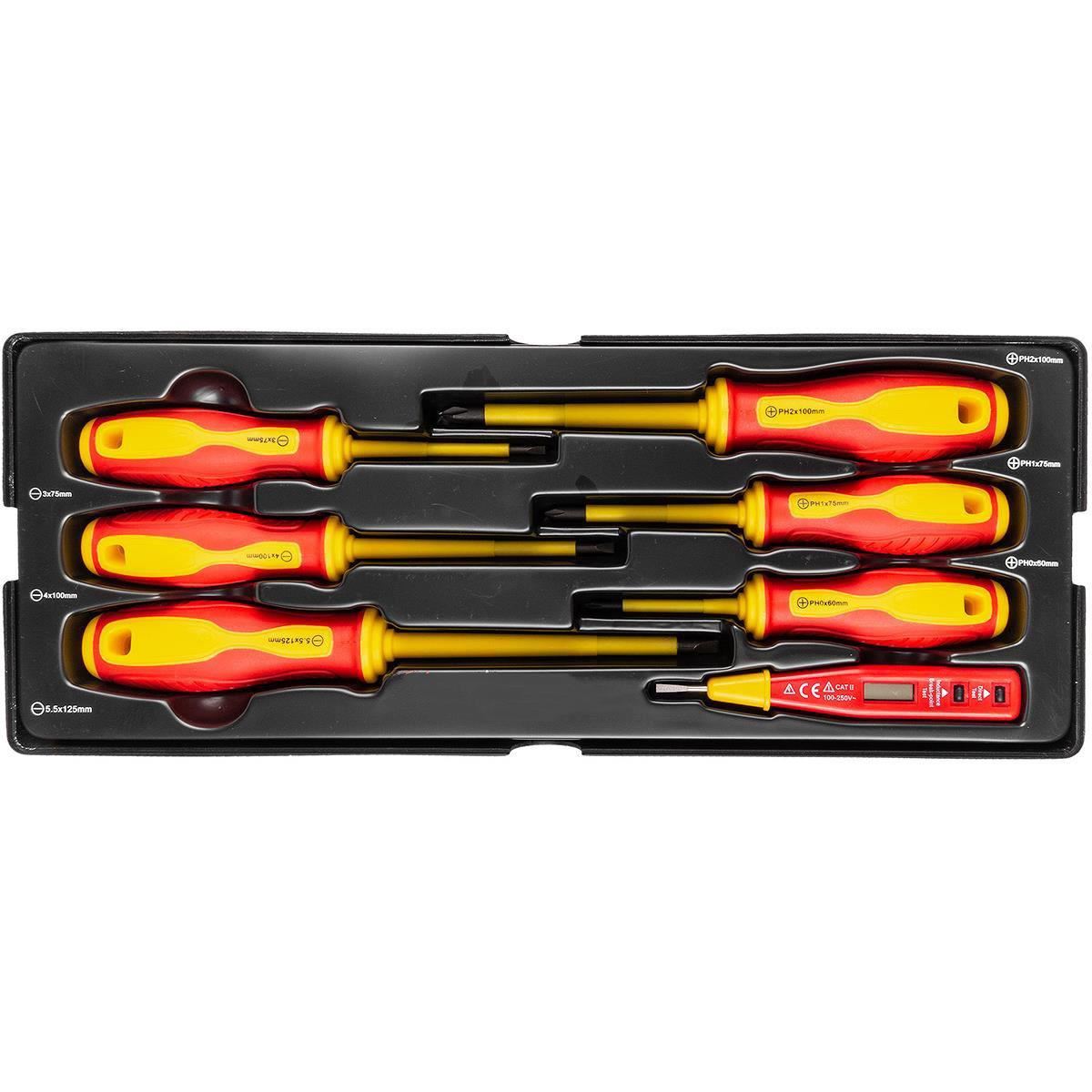 11764933_big.jpg Set surubelnite izolate, late si cruce, cu creion de faza, sertar TIP A (385x150 mm) pentru dulap mobil, PH0-2, 3-5.5 mm, 60-125 mm, 7 elemente, RICHMANN EXCLUSIVE - imagine 1