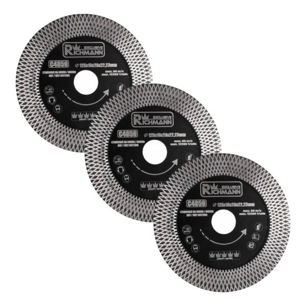 11765390_big.jpg Disc diamantat turbo subtire, dublu segmentate, placi ceramice, taiere umeda si uscata, set 3 buc, 125x22.23x1.3 mm, Richmann Exclusive - imagine 1