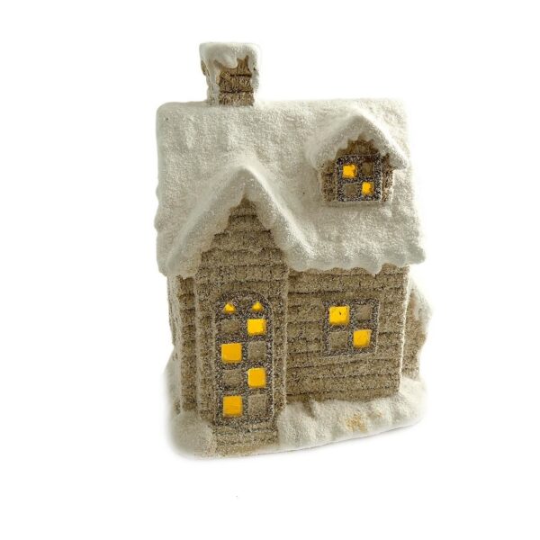 Decoratiune iarna, ceramica, casa cu ferestre luminate, alb si bej, LED, 3xAAA, 25x18x36 cm - imagine 1