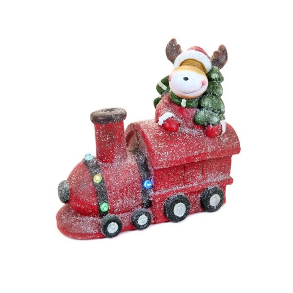 Decoratiune Craciun, ceramica, tren cu ren si brad, rosu, LED, 3xAA, 38 cm - imagine 1