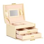 Cutie pentru bijuterii, MDF, piele ecologica si catifea, crem si roz, cu oglinda, 17.5x14x12.5 cm, Springos