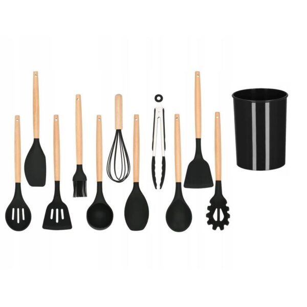 Set ustensile bucatarie, silicon si bambus, negru, 12 piese, Springos - imagine 1