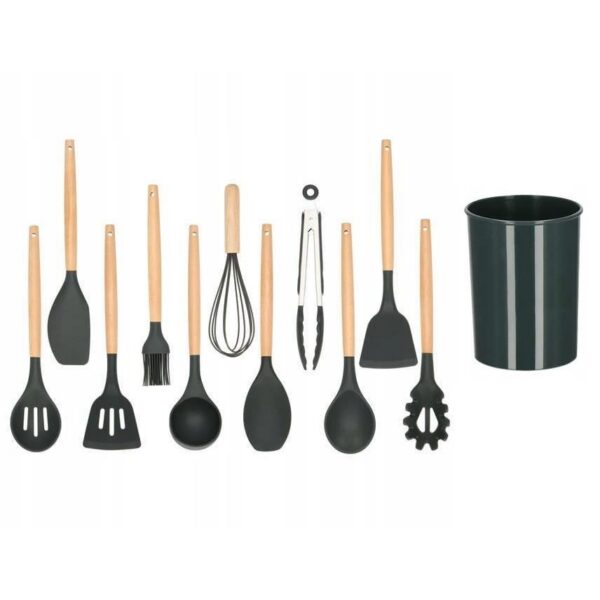 Set ustensile bucatarie, silicon si bambus, grafit, 12 piese, Springos - imagine 1