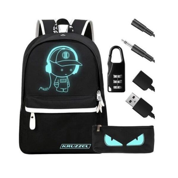 11869281_big.jpg Ghiozdan/rucsac smart, fosforescent, impermeabil, cablu USB, mini jack, lacat, negru, 33x14x42 cm, Kruzzel - imagine 1
