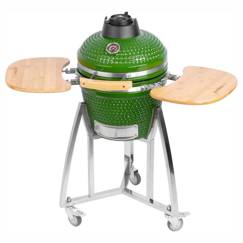 11873826_big.jpg Gratar gradina cu carbuni, grill rotund, ceramic, cu roti, capac, rafturi, verde, 40x97.5 cm, Kamado Egg 16 - imagine 1