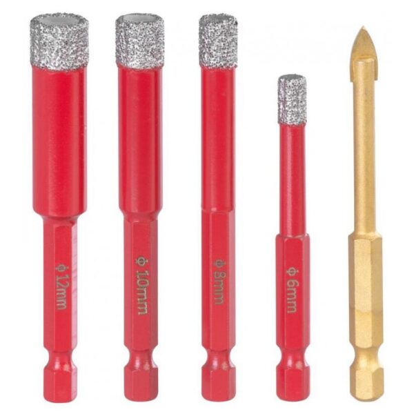 Set burghie diamantate uscate, burghiu de sticla, 5 piese, 6-8-10-12 mm, HEX, Strend Pro Premium - imagine 1