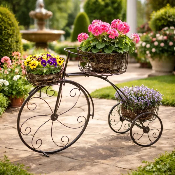 Suport metalic pentru ghivece flori, Strend Pro, model bicicleta, 3 suporturi, 60x21x42 cm - imagine 6