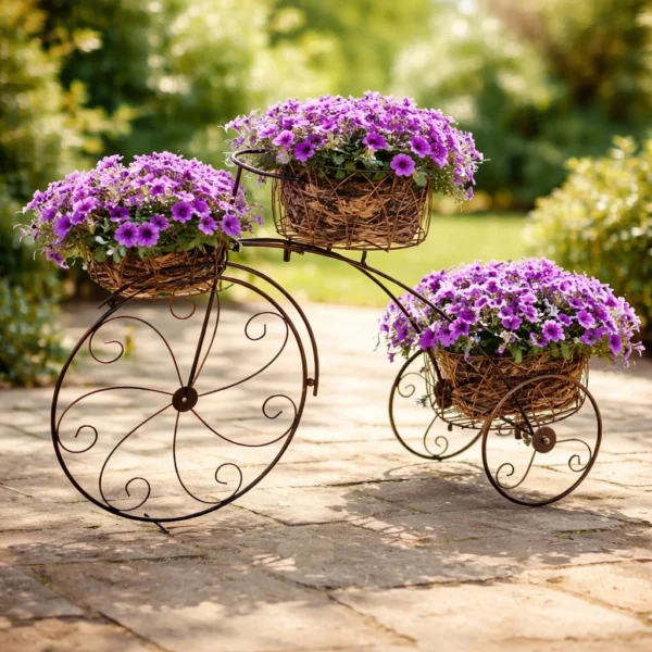 Suport metalic pentru ghivece flori, Strend Pro, model bicicleta, 3 suporturi, 60x21x42 cm - imagine 7