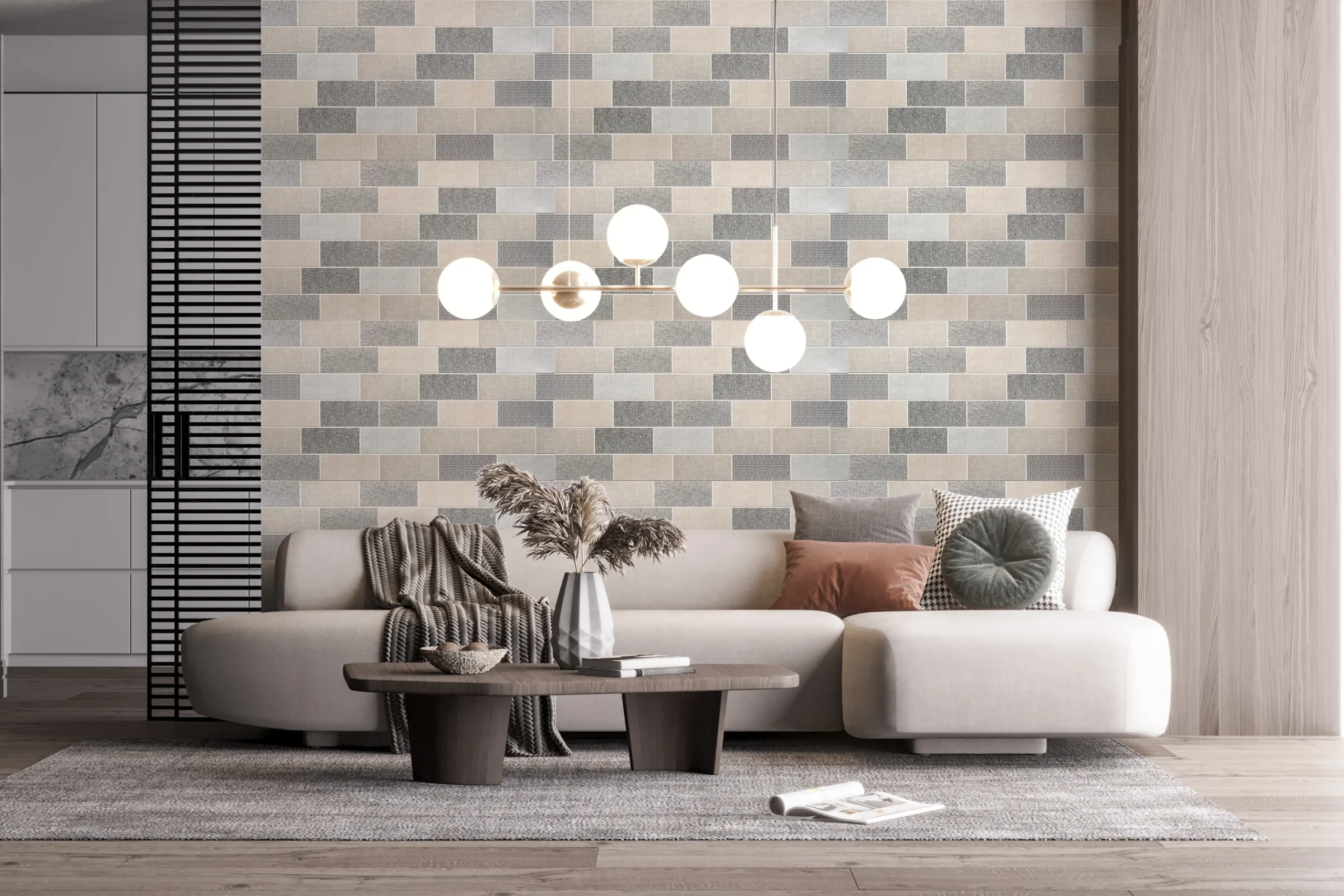 Panou decorativ, PVC, model textil 3D, nuante gri pastel, 96x48.5cm 1 Panou decorativ, PVC, model textil 3D, nuante gri pastel, 96x48.5cm