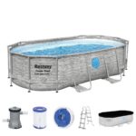Piscina structura metalica, ovala, cu filtru, pompa, scara, dozator, prelata acoperire, gri, 427x250x100 cm, Bestway Power Steel