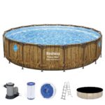 Piscina structura metalica, rotunda, cu filtru, pompa, scara, dozator, prelata acoperire, model lemn, maro, 549x122 cm, Bestway Power Steel