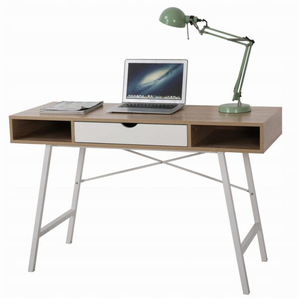 Birou calculator, Jumi, placa MDF, otel, cu sertar, rafturi laterale, alb si natur, 120x48x76 cm - imagine 1