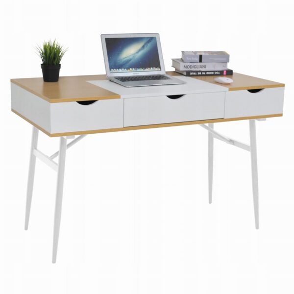 Birou calculator, Jumi, placa MDF, otel, cu sertar, compartimente interioare, alb si natur, 120x60x77 cm - imagine 1