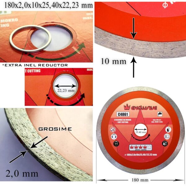 Disc diamantat, placi ceramice, taiere umeda,180 mm/25.4 mm, Rickmann Exclusive - imagine 3