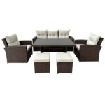 Set mobilier gradina/terasa, maro si bej, 1 masa, 2 scaune, 2 tabureti, 1 canapea, Dolores
