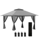 Pavilion/foisor pentru gradina/terasa, pliabil cu inaltime ajustabila, material Oxford, cadru metalic, cu plasa insecte, 4 contragreutati, gri, 3.92x3.92x2.83 m