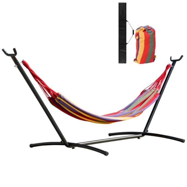 Hamac bumbac cu suport otel, husa, multicolor, dungi, 200x150 cm - imagine 1