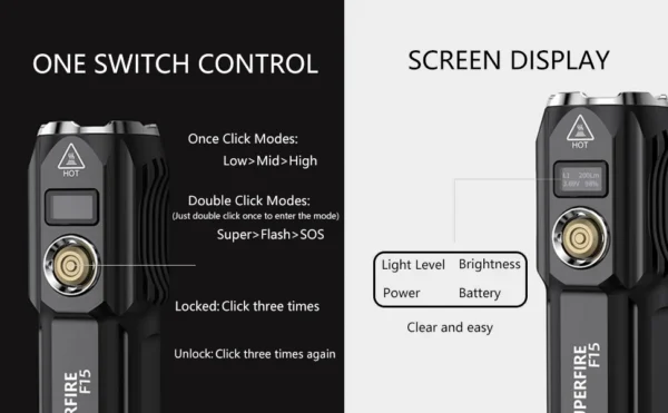 Lanterna LED Superfire F15, 2000lm, 300M, 3700mAh, incarcare USB-C, 36W - imagine 8