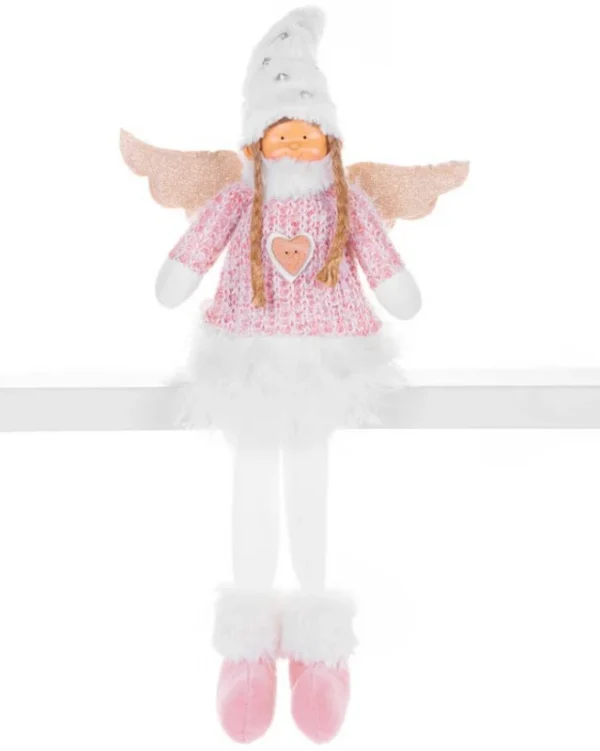 Decoratiune iarna, inger cu aripi si fustita alba, roz, 23x12x59 cm - imagine 2