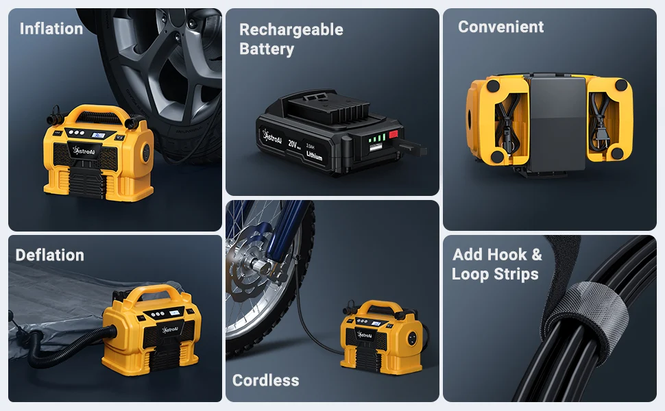 Compresor portabil cu acumulator AstroAI 3PLYE, 12V DC, 160PSI, Digital, Structura metalica, Adaptoare incluse 4 Compresor portabil cu acumulator AstroAI 3PLYE, 12V DC, 160PSI, Digital, Structura metalica, Adaptoare incluse
