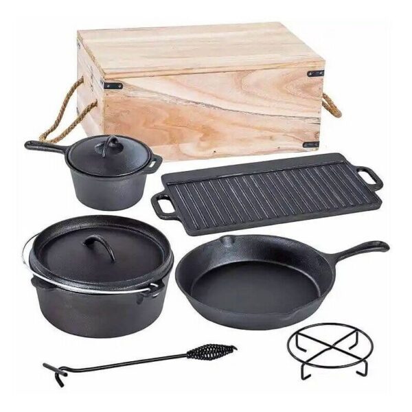 Set pentru gatit cu ceaun, gratar, tigaie, oala, fonta, 6 piese, Perfect Home - imagine 1