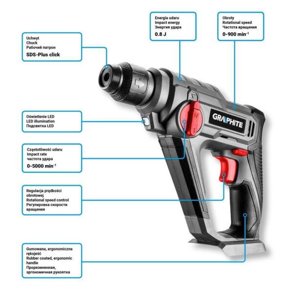Rotopercutor, SDS Plus, 18V Li-ion (acumulator neinclus), 0.8 J, Graphite Energy - imagine 5