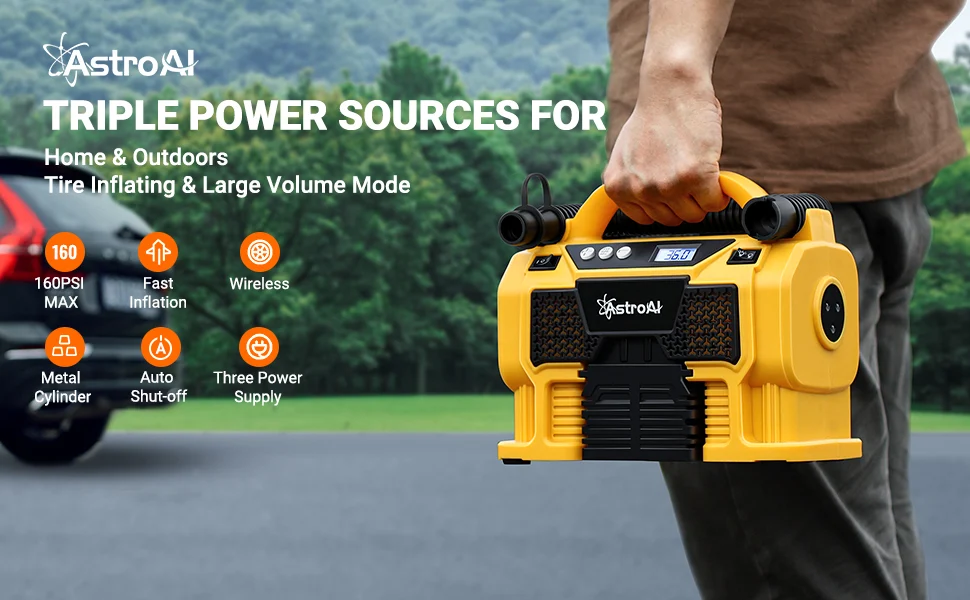 Compresor portabil cu acumulator AstroAI 3PLYE, 12V DC, 160PSI, Digital, Structura metalica, Adaptoare incluse 1 Compresor portabil cu acumulator AstroAI 3PLYE, 12V DC, 160PSI, Digital, Structura metalica, Adaptoare incluse