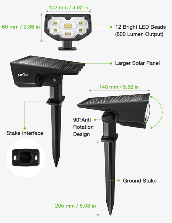 Set 2 bucati Lampa solara LITOM LTCD190, 12 leduri, IP67 lumina Alba Rece, senzor de lumina - imagine 3
