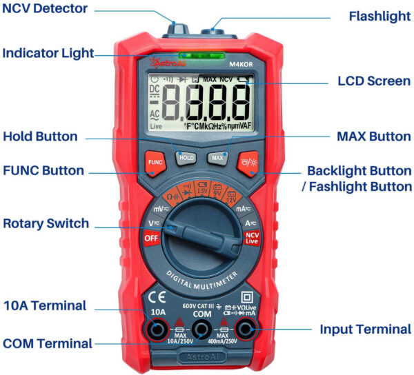 Multimetru digital AstroAI M4KOR, TRMS 4000, Ohmmetru, Voltmetru 1,5V   9V   12V, Masurare fara contact, Lanterna - imagine 3