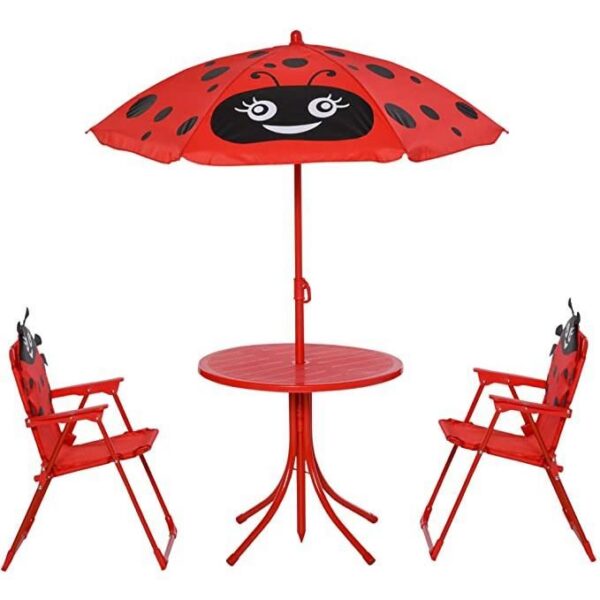 Set mobilier gradina/terasa pentru copii, pliabil, rosu, model buburuza, 1 masa cu umbrela, 2 scaune, Melisenda - imagine 3